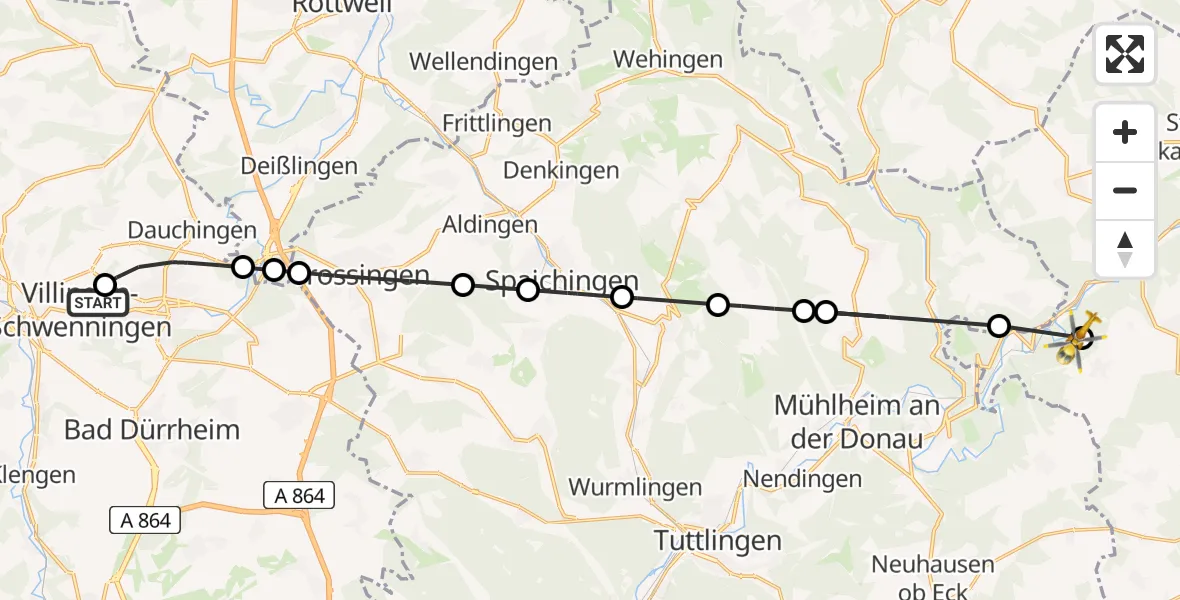 Flugroute Ambulanzhubschrauber DRF Air Rescue Station Villingen-Schwenningen Hubschrauberlandeplatz (Christoph 11) - Leibertingen, 27 Juli 2026, 13:06