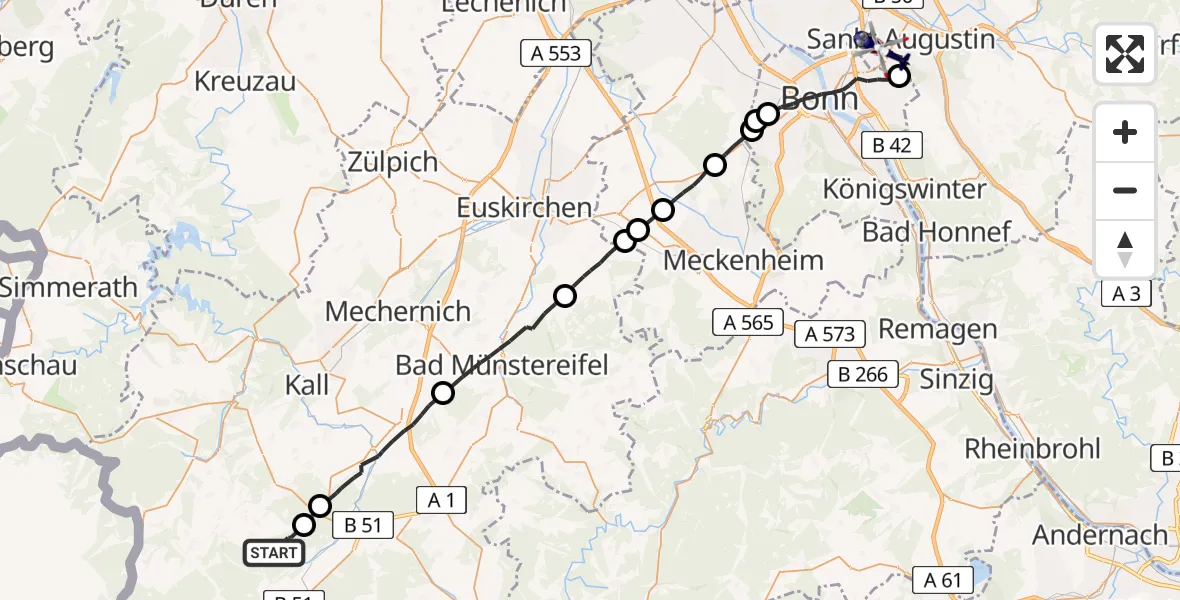 Flugroute Polizeihubschrauber Dahlem - Bonn-Hangelar Flugplatz, 27 Juli 2026, 13:18