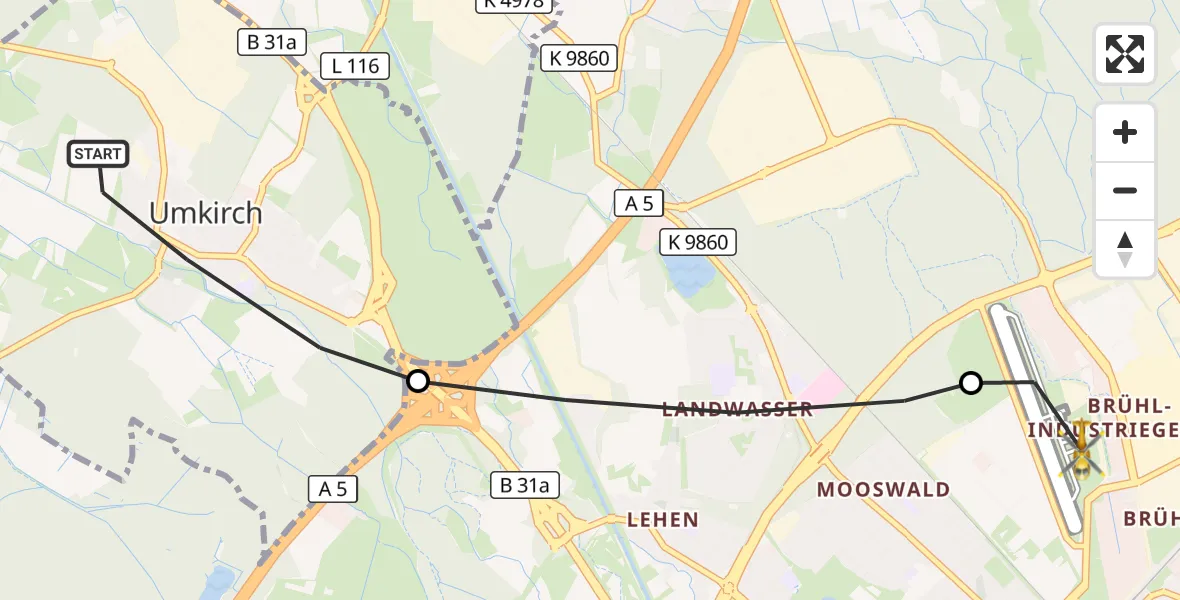 Flugroute Ambulanzhubschrauber Umkirch - Freiburg im Breisgau Flugplatz, 27 Juli 2026, 13:20
