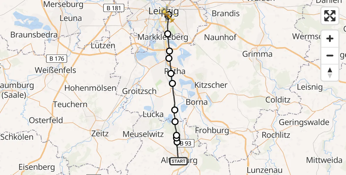 Flugroute Rettungshubschrauber Altenburg - Leipzig University Hospital Heliport 2, 27 Juli 2026, 13:22