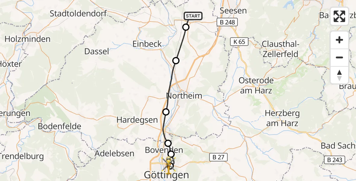 Flugroute Rettungshubschrauber Bad Gandersheim - Göttingen University Clinic Hubschrauberlandeplatz, 27 Juli 2026, 13:23
