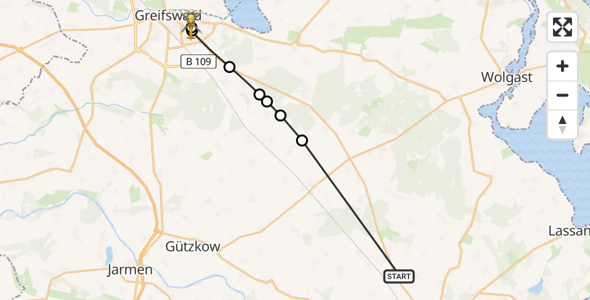 Flugroute Rettungshubschrauber Klein Bünzow - Greifswald Hospital, 27 Juli 2026, 13:24