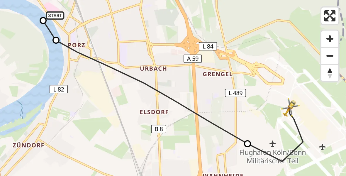 Flugroute Rettungshubschrauber Porz am Rhein Hospital - Köln Bonn Flughafen, 27 Juli 2026, 13:25