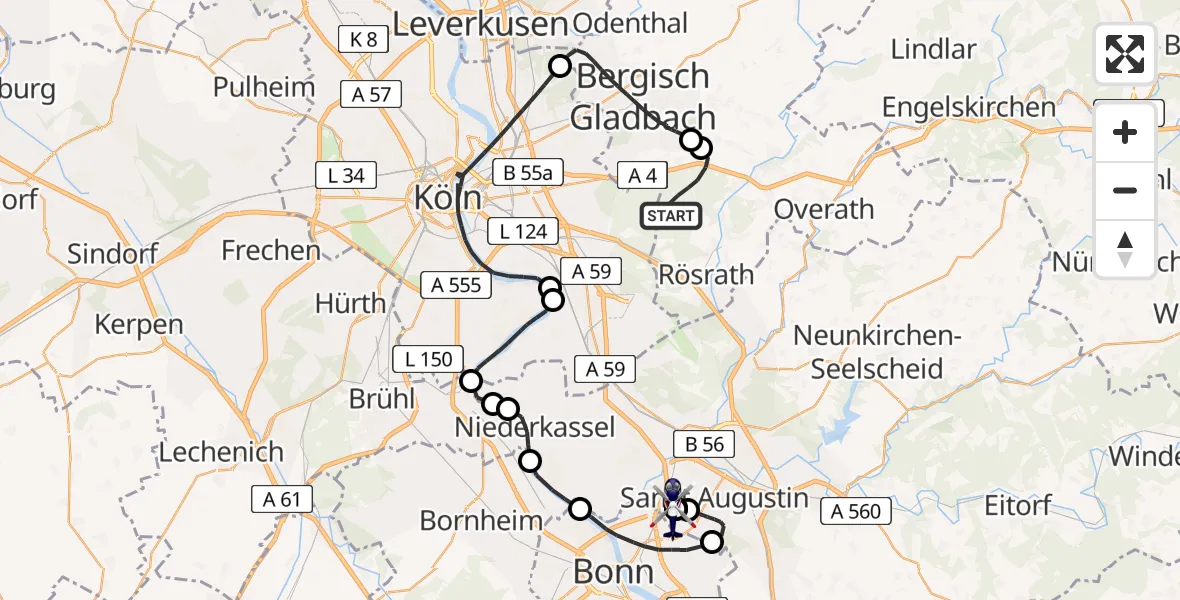 Flugroute Polizeihubschrauber Bergisch Gladbach - Sankt Augustin, 27 Juli 2026, 13:27