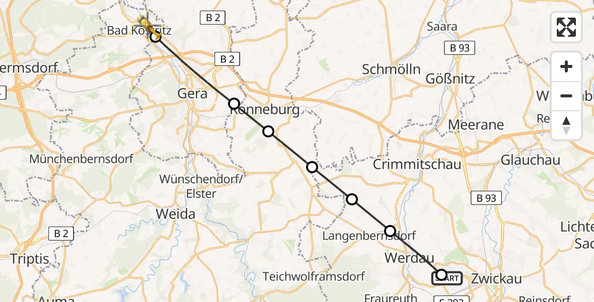 Flugroute Rettungshubschrauber ADAC Air Rescue Station Zwickau Hubschrauberlandeplatz - Bad Köstritz, 27 Juli 2026, 13:31