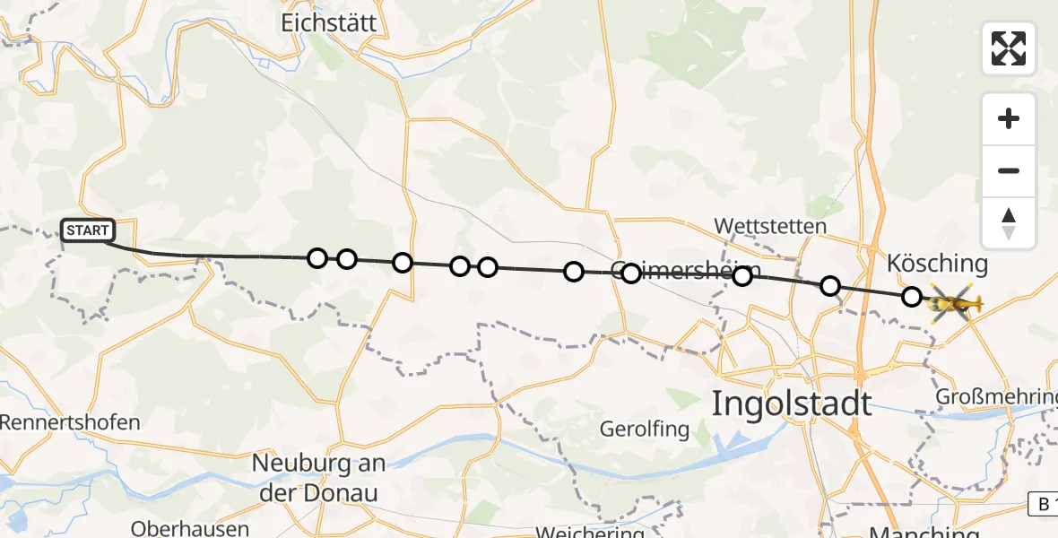 Flugroute Rettungshubschrauber Wellheim - Kösching, 27 Juli 2026, 13:34