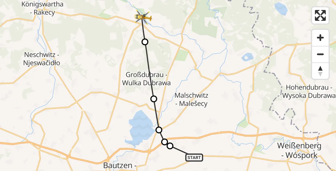 Flugroute Rettungshubschrauber Bautzen Flugplatz - Radibor, 27 Juli 2026, 13:34