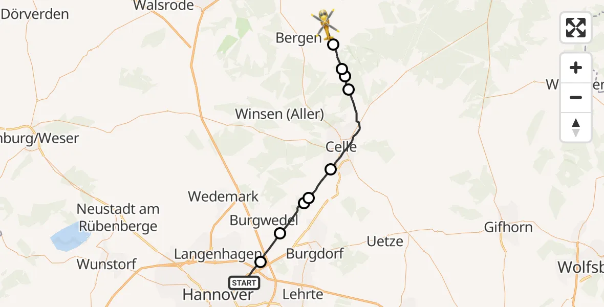 Flugroute Rettungshubschrauber Hannover - Südheide, 27 Juli 2026, 13:35