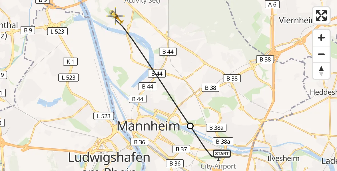 Flugroute Rettungshubschrauber Mannheim-City Flughafen - Mannheim, 27 Juli 2026, 13:38