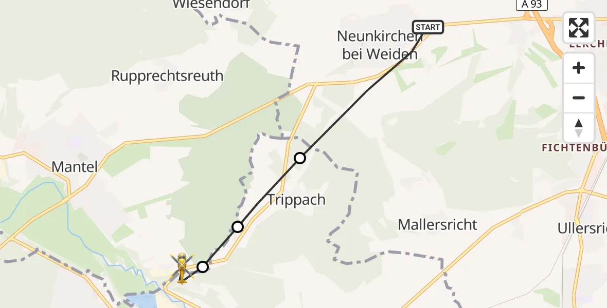 Flugroute Ambulanzhubschrauber Weiden i.d.OPf. - Weiherhammer, 27 Juli 2026, 13:38