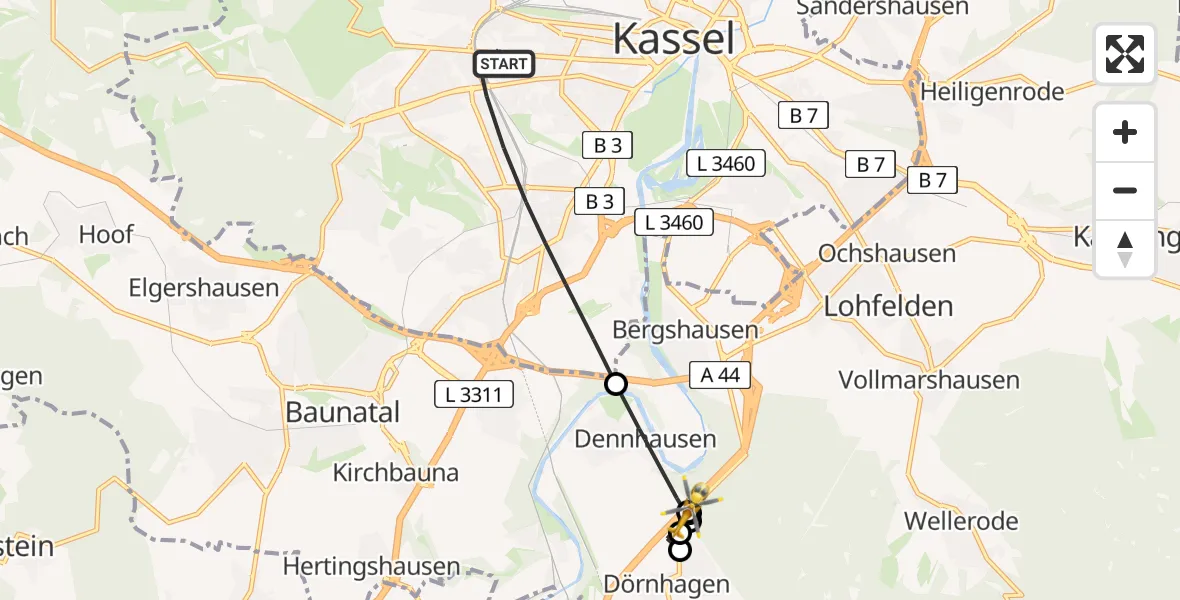 Flugroute Rettungshubschrauber Kassel - Söhrewald, 27 Juli 2026, 13:44