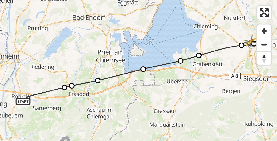 Flugroute Rettungshubschrauber Rohrdorf - Traunstein Hospital, 27 Juli 2026, 13:46