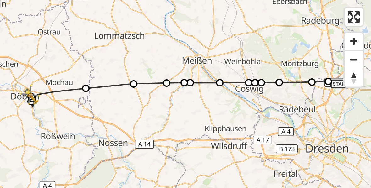 Flugroute Rettungshubschrauber Dresden Flughafen - Dobeln Hospital, 27 Juli 2026, 13:57