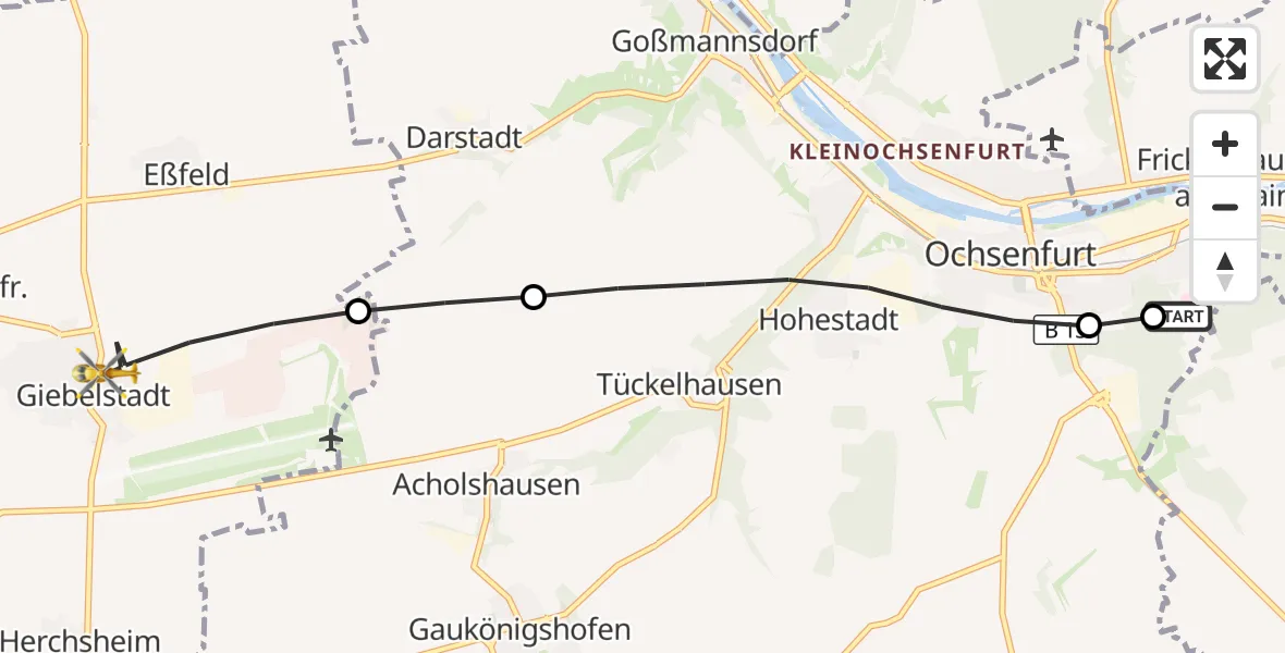 Flugroute Rettungshubschrauber Ochsenfurt Hospital - Giebelstadt, 27 Juli 2026, 14:00