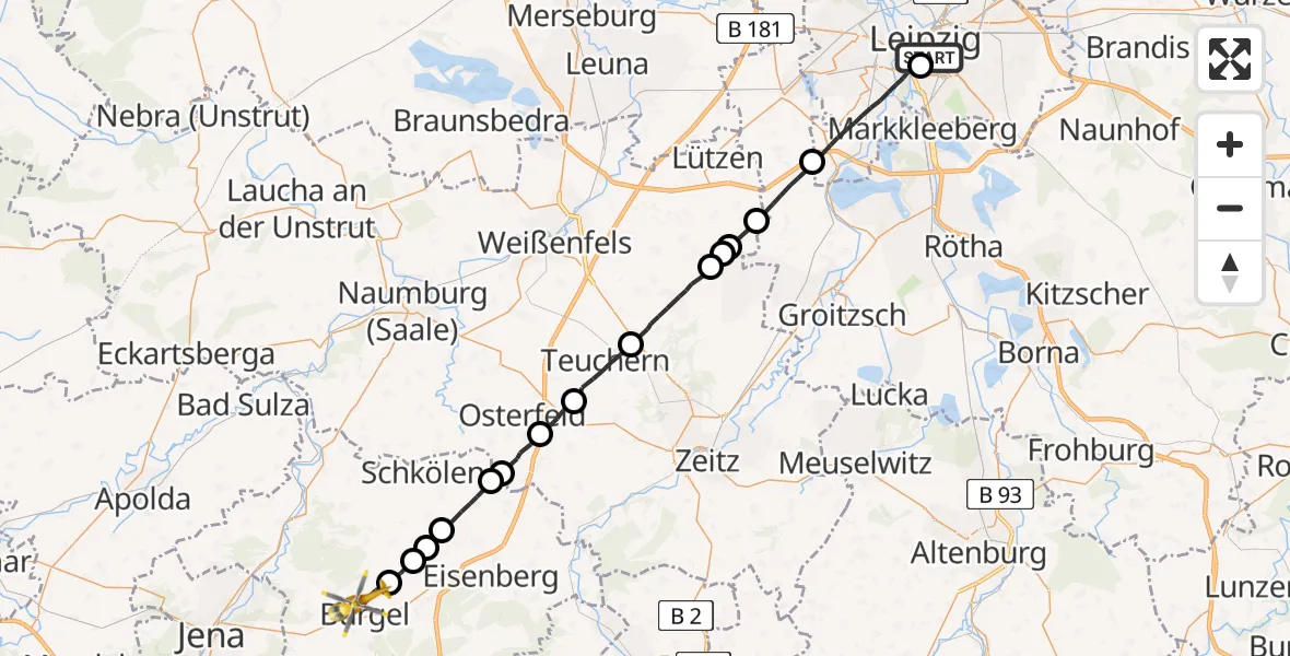 Flugroute Rettungshubschrauber Leipzig University Hospital Heliport 1 - Poxdorf, 27 Juli 2026, 14:00