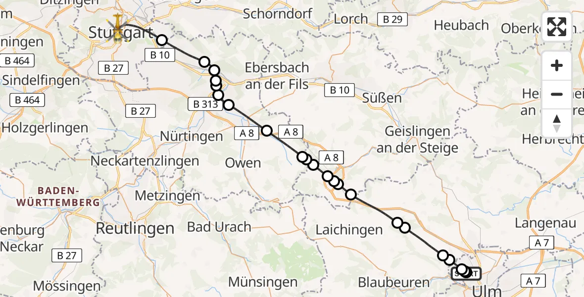 Flugroute Rettungshubschrauber Ulm Military Hospital Emergency - Stuttgart, 27 Juli 2026, 14:01