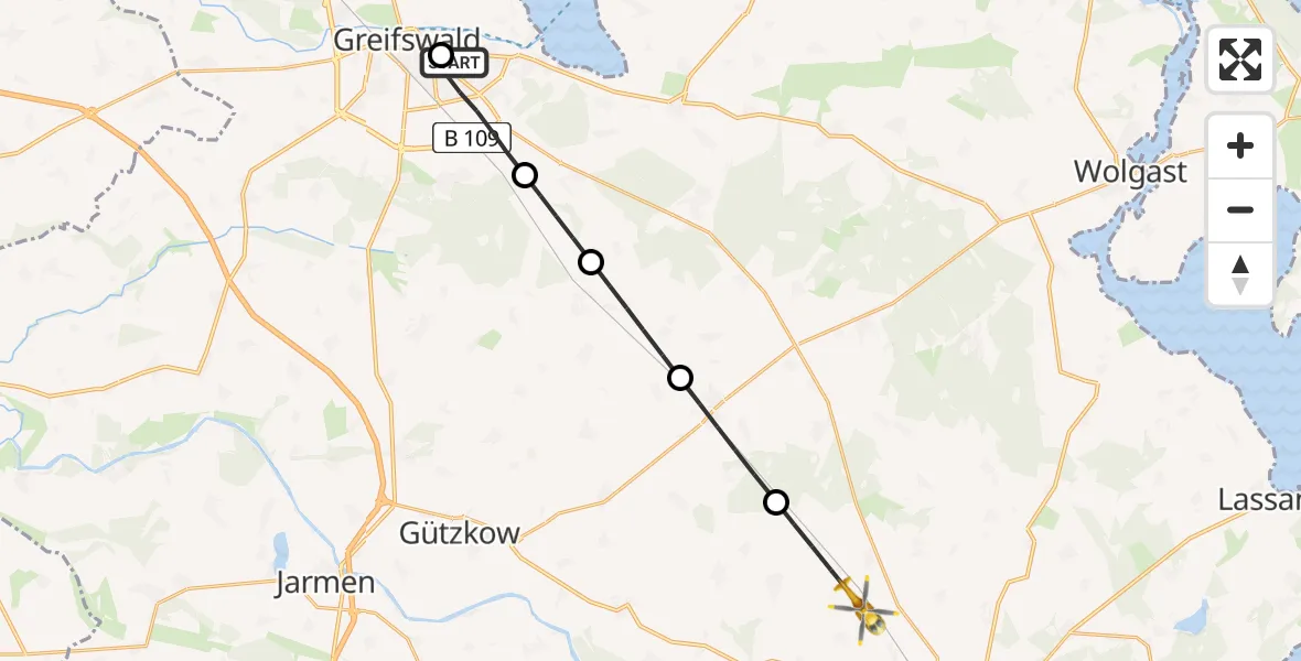 Flugroute Rettungshubschrauber Greifswald Hospital - Klein Bünzow, 27 Juli 2026, 14:02