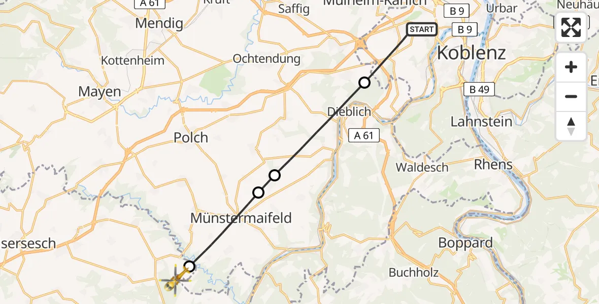 Flugroute Rettungshubschrauber Koblenz - Münstermaifeld, 27 Juli 2026, 14:03
