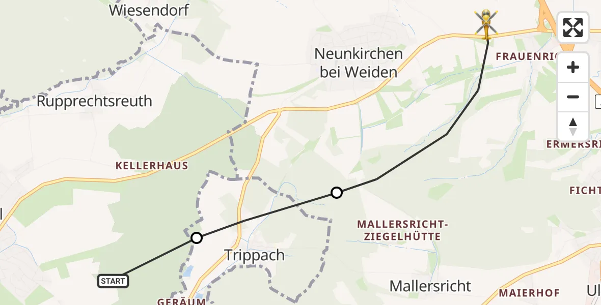 Flugroute Ambulanzhubschrauber Mantel - Weiden i.d.OPf., 27 Juli 2026, 14:11
