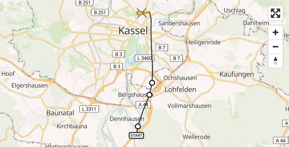 Flugroute Rettungshubschrauber Söhrewald - Kassel, 27 Juli 2026, 14:12