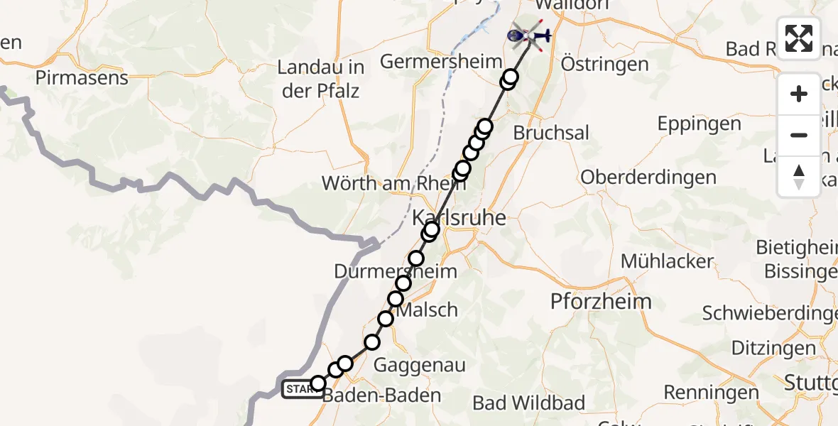 Flugroute Polizeihubschrauber Karlsruhe Baden-Baden Flughafen - Waghäusel, 27 Juli 2026, 14:15