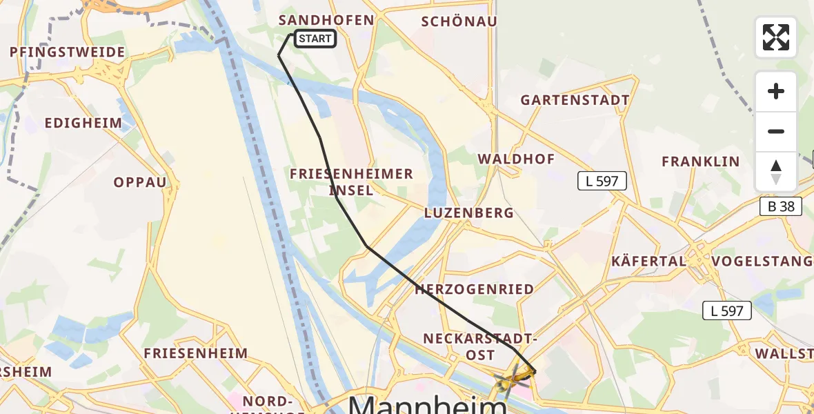 Flugroute Rettungshubschrauber Mannheim - Mannheim, 27 Juli 2026, 14:16