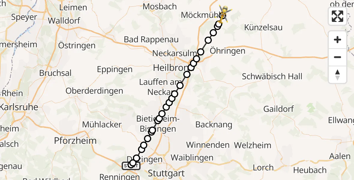 Flugroute Rettungshubschrauber Leonberg Hospital - Schöntal, 27 Juli 2026, 14:18