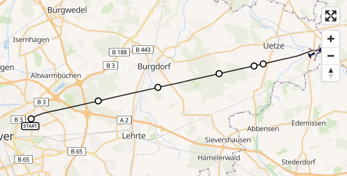 Flugroute Polizeihubschrauber Hannover Luftrettung Hubschrauberlandeplatz (Christoph 4) - Uetze, 27 Juli 2026, 14:23