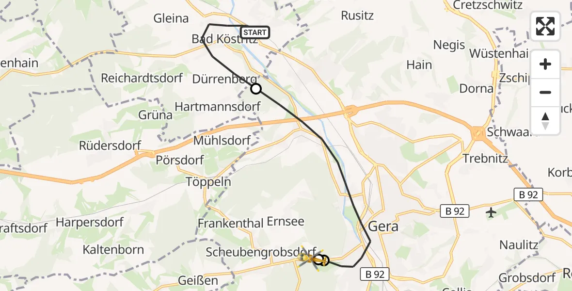 Flugroute Rettungshubschrauber Bad Köstritz - SRH Wald-Klinikum Gera Hospital, 27 Juli 2026, 14:26