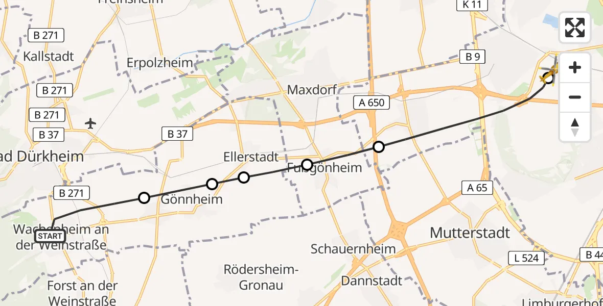 Flugroute Rettungshubschrauber Wachenheim an der Weinstraße - Ludwigshafen Accident Hospital, 27 Juli 2026, 14:26