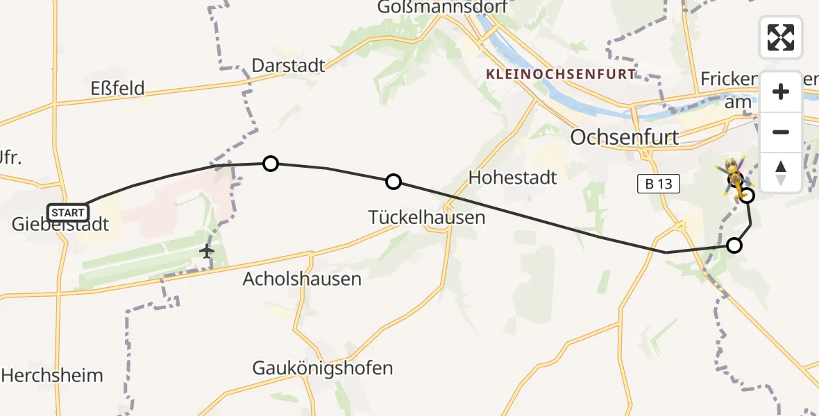 Flugroute Rettungshubschrauber Giebelstadt - Ochsenfurt Hospital, 27 Juli 2026, 14:26