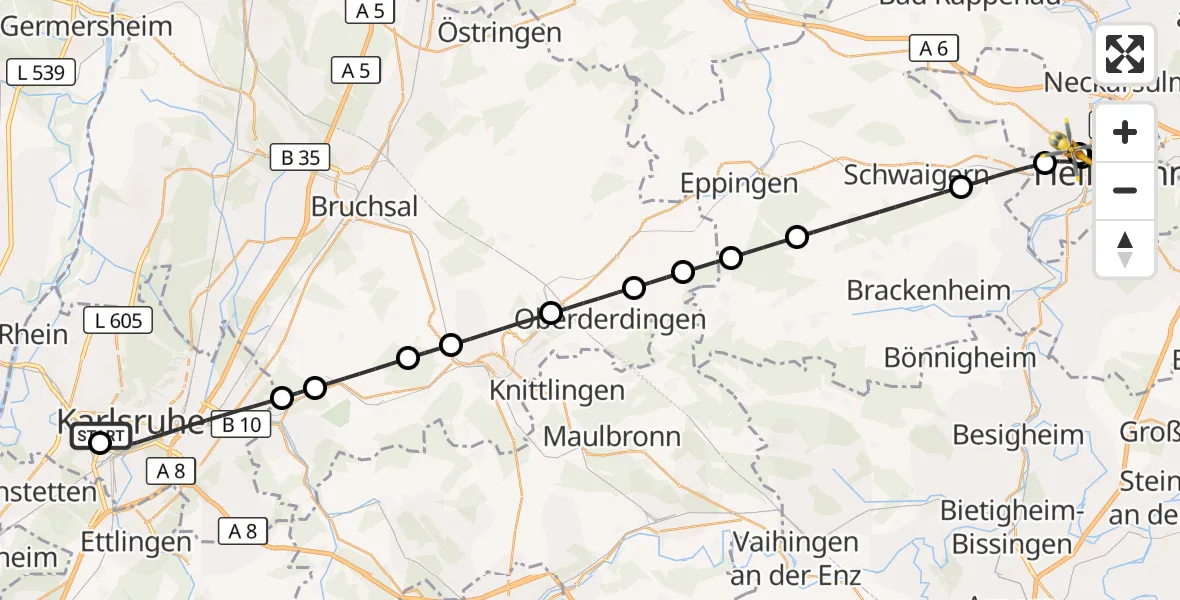 Flugroute Ambulanzhubschrauber Sankt Vincentius Hospital - Heilbronn Hospital, 27 Juli 2026, 14:27