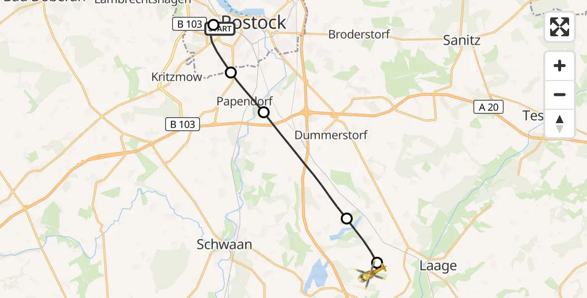 Flugroute Rettungshubschrauber Rostock University Hubschrauberlandeplatz - Flughafen Rostock-Laage, 27 Juli 2026, 14:29