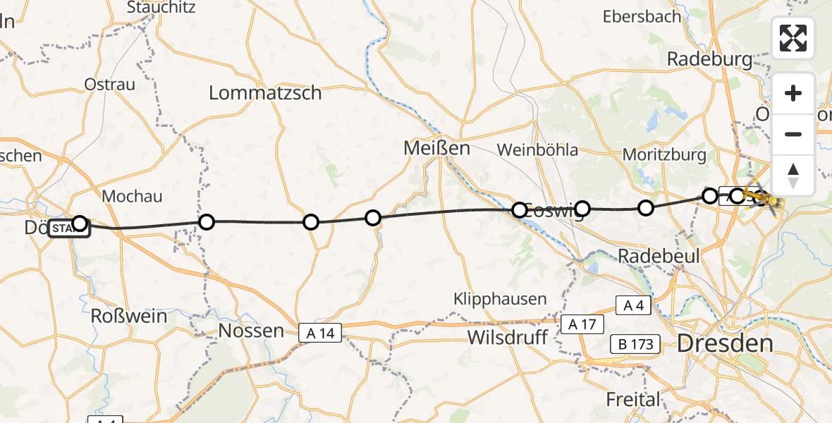 Flugroute Rettungshubschrauber Dobeln Hospital - Dresden Bundespolizei Hubschrauberlandeplatz, 27 Juli 2026, 14:30