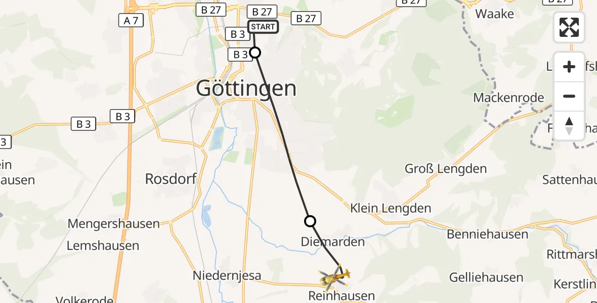 Flugroute Rettungshubschrauber Göttingen University Clinic Hubschrauberlandeplatz - Gleichen, 27 Juli 2026, 14:37