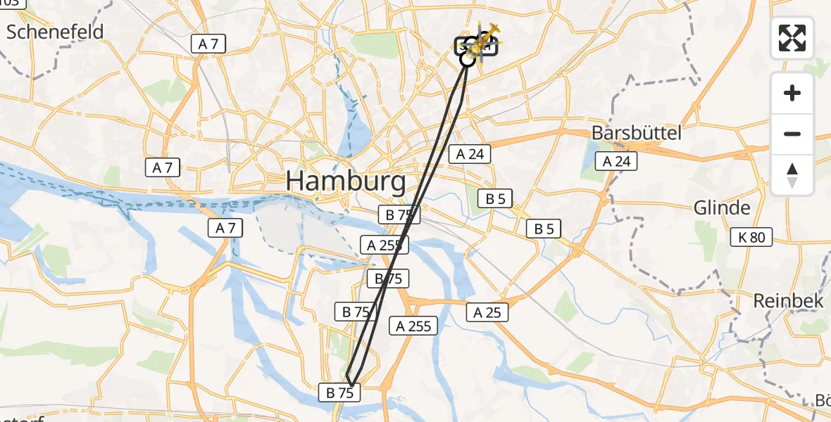Flugroute Rettungshubschrauber Hamburg Military Hospital - Hamburg Military Hospital, 27 Juli 2026, 14:40