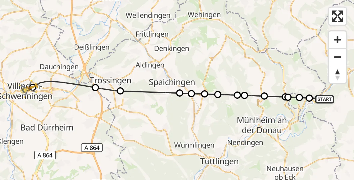 Flugroute Ambulanzhubschrauber Beuron - DRF Air Rescue Station Villingen-Schwenningen Hubschrauberlandeplatz (Christoph 11), 27 Juli 2026, 14:40