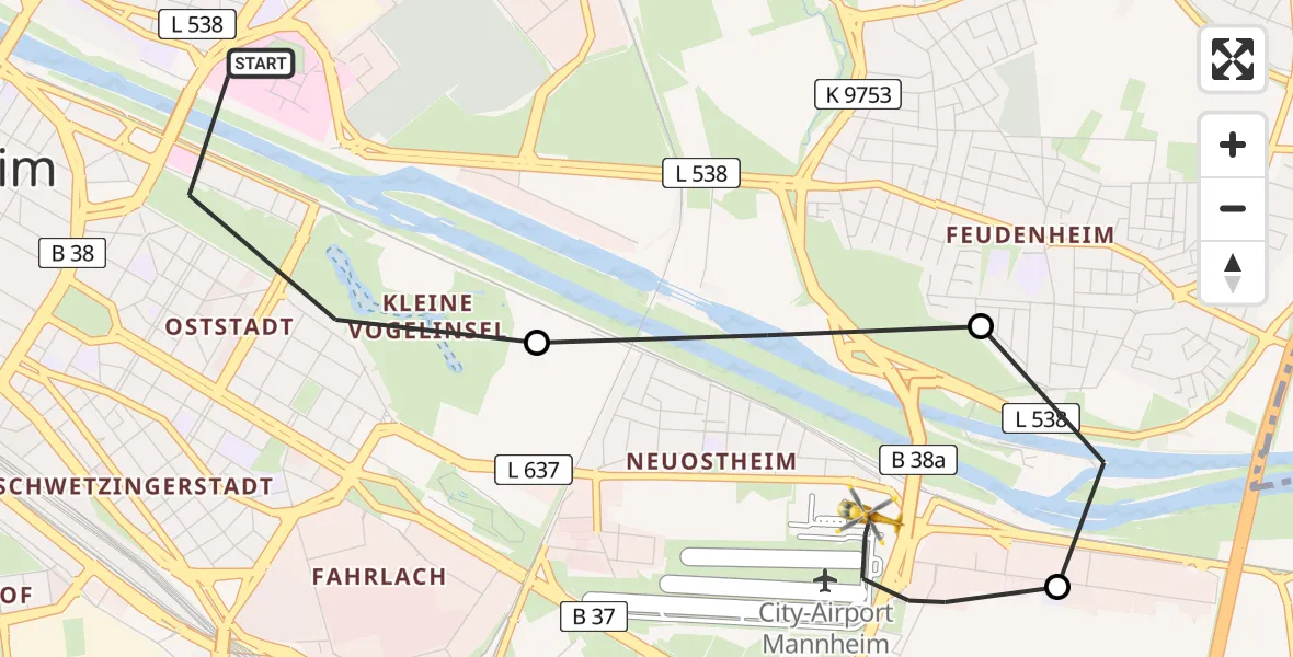 Flugroute Rettungshubschrauber Mannheim - Mannheim-City Flughafen, 27 Juli 2026, 14:50