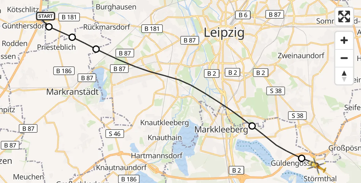 Flugroute Rettungshubschrauber ADAC Air Rescue Station Leipzig/Schkeuditz-Dölzig Hubschrauberlandeplatz (Christoph 61) - Großpösna, 27 Juli 2026, 14:52