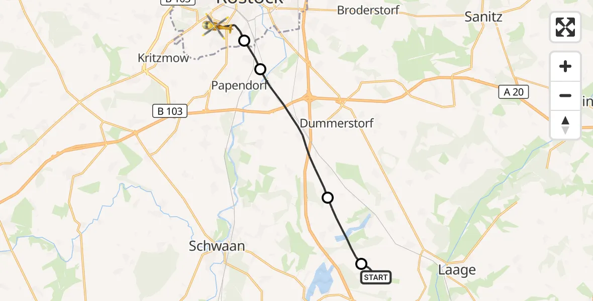Flugroute Rettungshubschrauber Flughafen Rostock-Laage - Rostock, 27 Juli 2026, 14:54