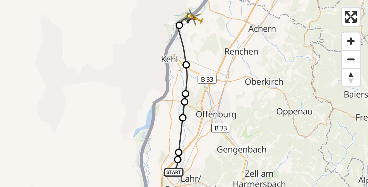 Flugroute Rettungshubschrauber Lahr Flughafen - Rheinau, 27 Juli 2026, 14:57