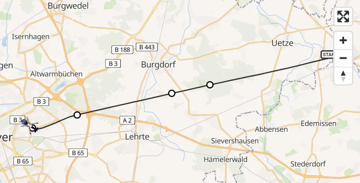 Flugroute Polizeihubschrauber Uetze - Hannover Luftrettung Hubschrauberlandeplatz (Christoph 4), 27 Juli 2026, 15:01