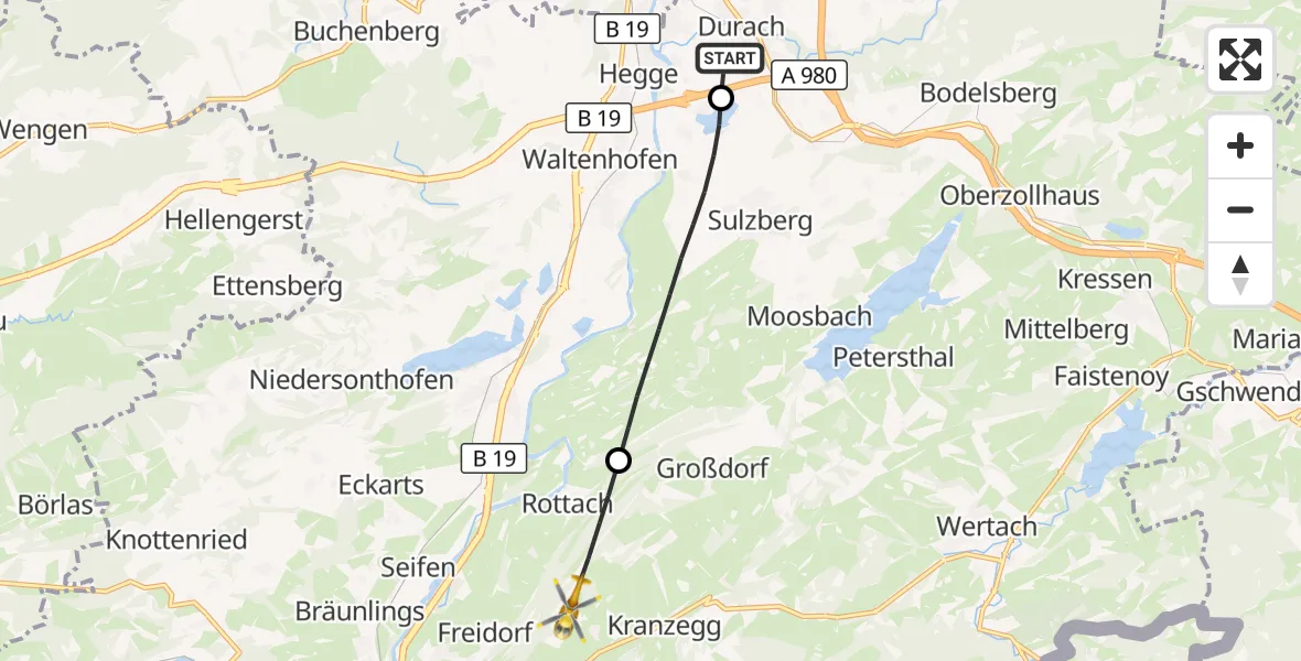 Flugroute Rettungshubschrauber Kempten-Durach Flugplatz - Rettenberg, 27 Juli 2026, 15:01