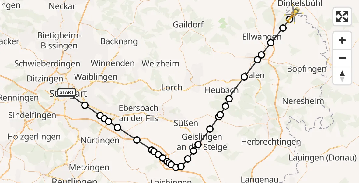 Flugroute Rettungshubschrauber Stuttgart - Wört, 27 Juli 2026, 15:01