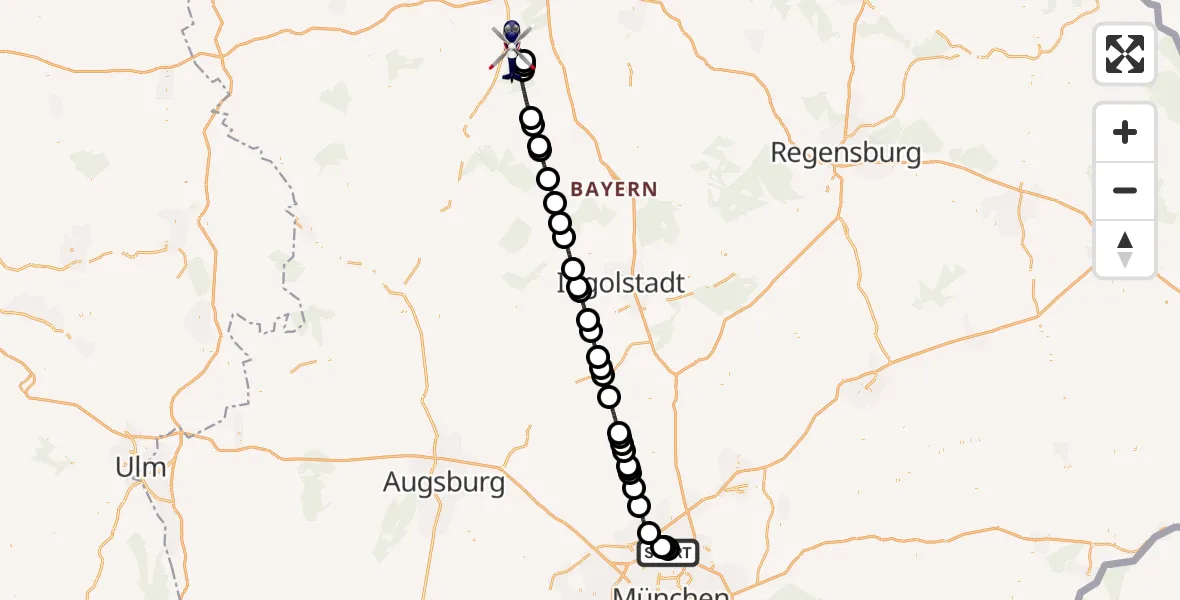 Flugroute Polizeihubschrauber Oberschleißheim - Flugplatz Roth, 27 Juli 2026, 15:03