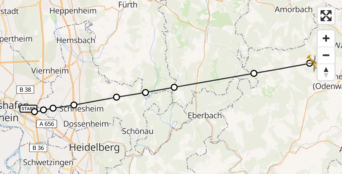 Flugroute Rettungshubschrauber Mannheim-City Flughafen - Buchen (Odenwald), 27 Juli 2026, 15:04