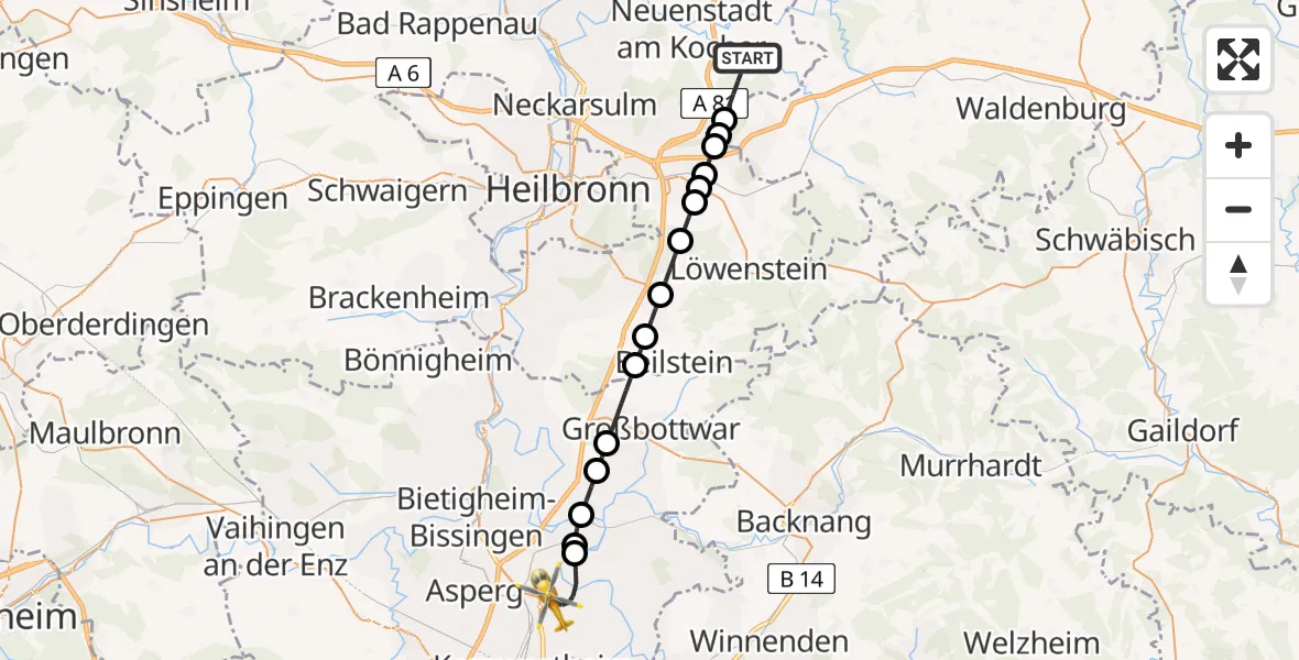 Flugroute Rettungshubschrauber Langenbrettach - Ludwigsburg, 27 Juli 2026, 15:07