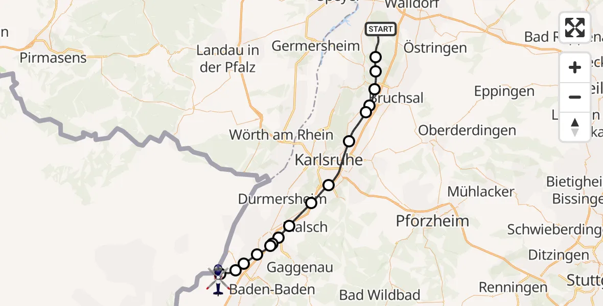 Flugroute Polizeihubschrauber Waghäusel - Karlsruhe Baden-Baden Flughafen, 27 Juli 2026, 15:08