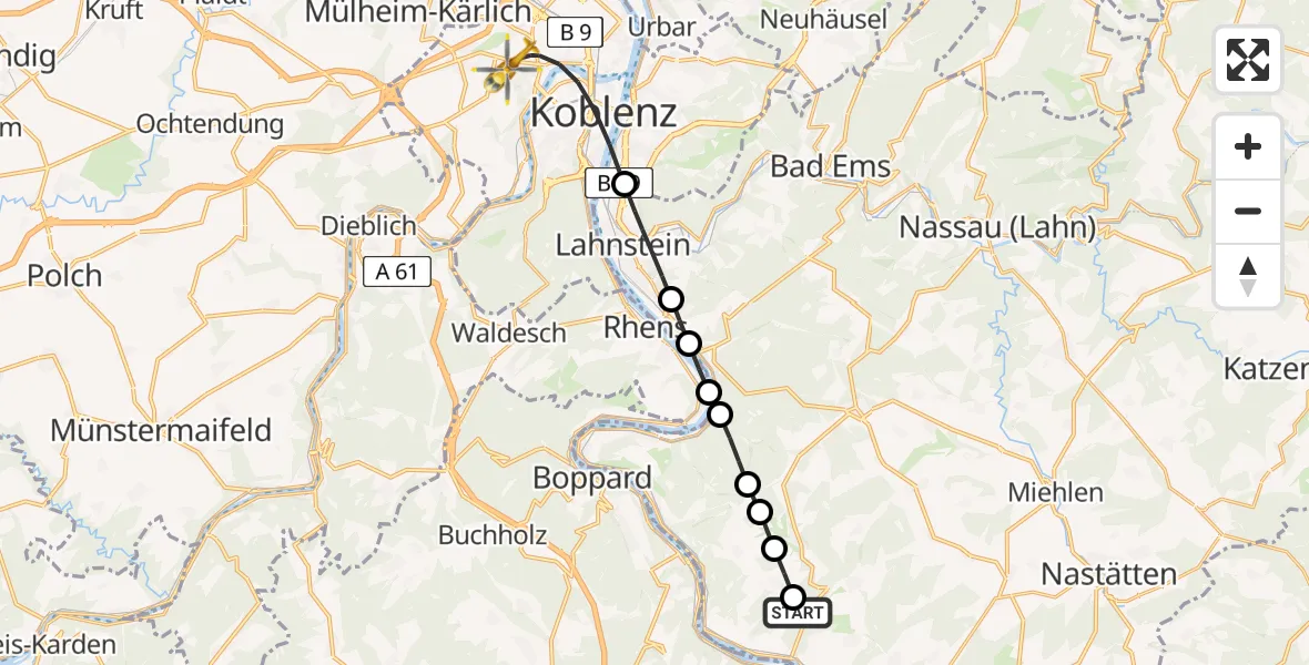 Flugroute Rettungshubschrauber Sankt Goarshausen - Koblenz, 27 Juli 2026, 15:13