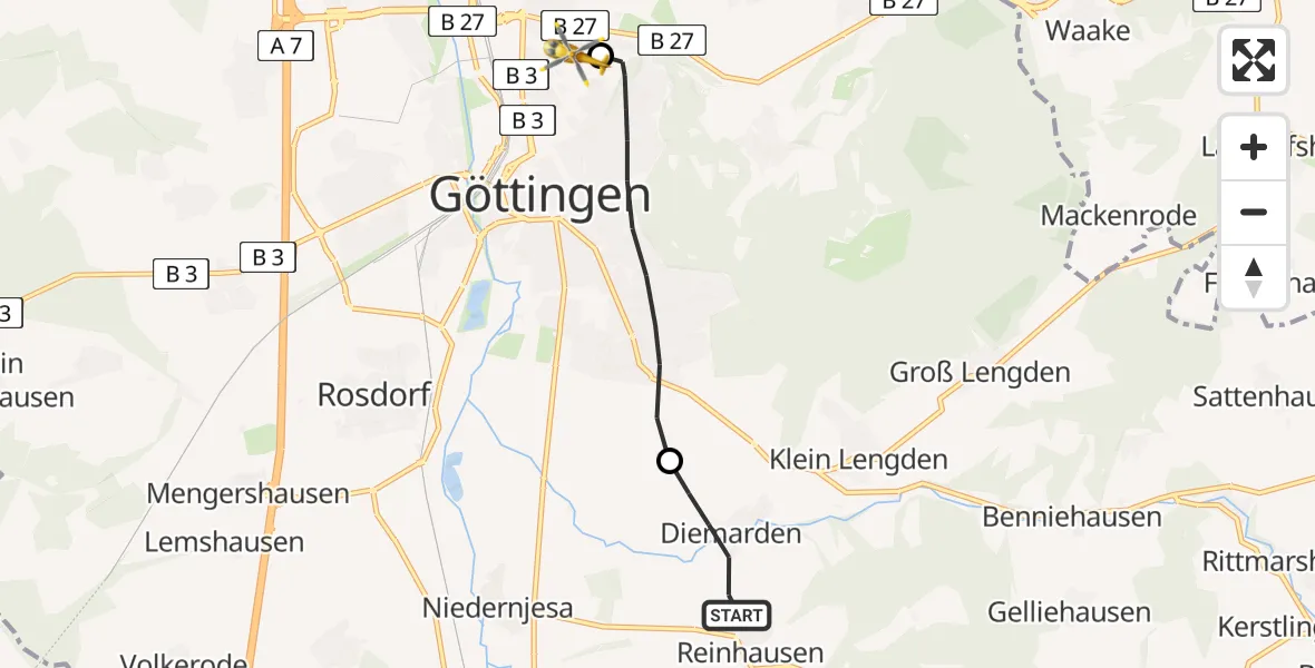 Flugroute Rettungshubschrauber Gleichen - Göttingen University Clinic Hubschrauberlandeplatz, 27 Juli 2026, 15:13